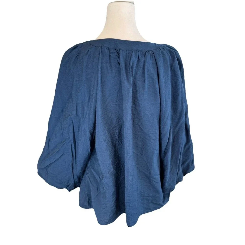 Sonoma Goods for Life Blouse SIZE L Navy Blue Balloon Sleeve Y-neck Shirred NWT